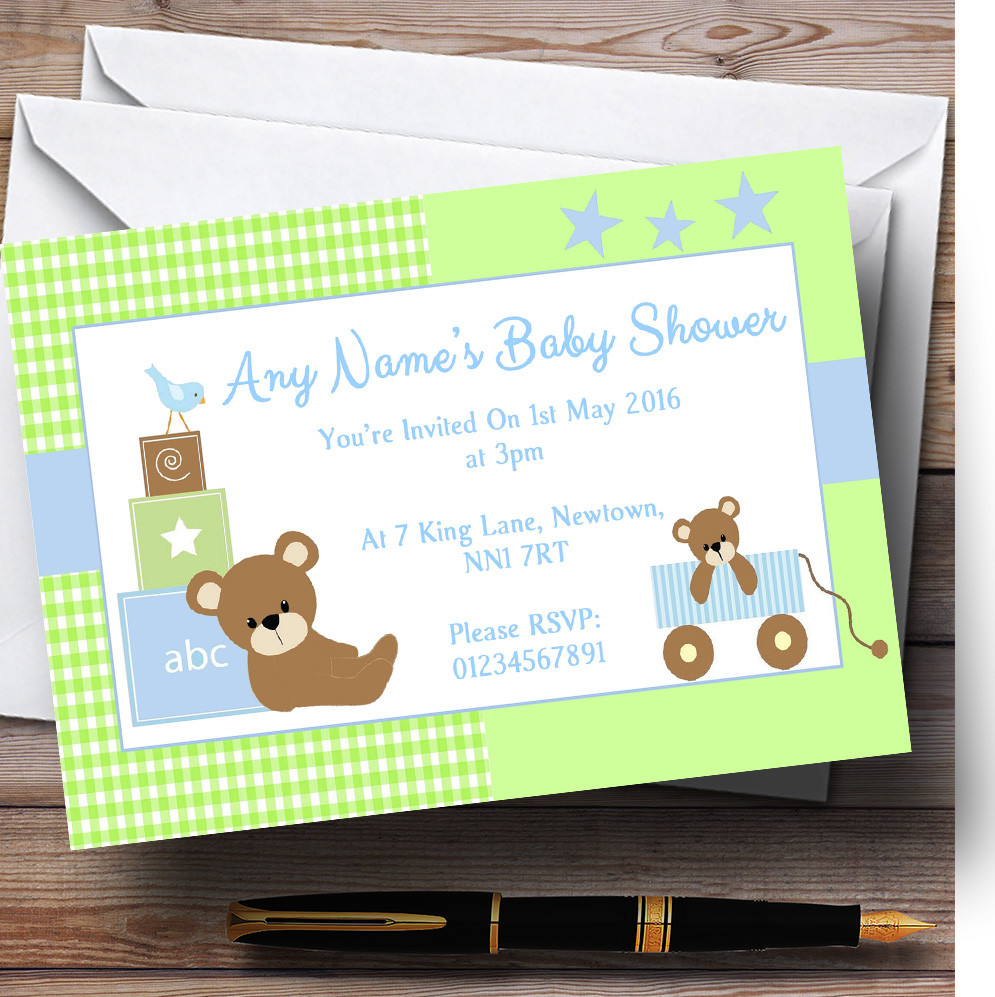 Blue Green Teddy Bears Personalised Baby Shower Invitations The Card Zoo