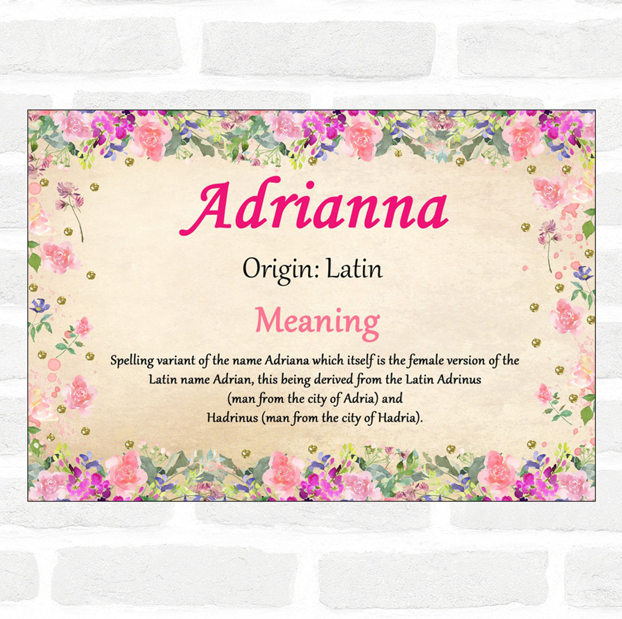 Adrianna Name Meaning Floral Certificate - The Card Zoo