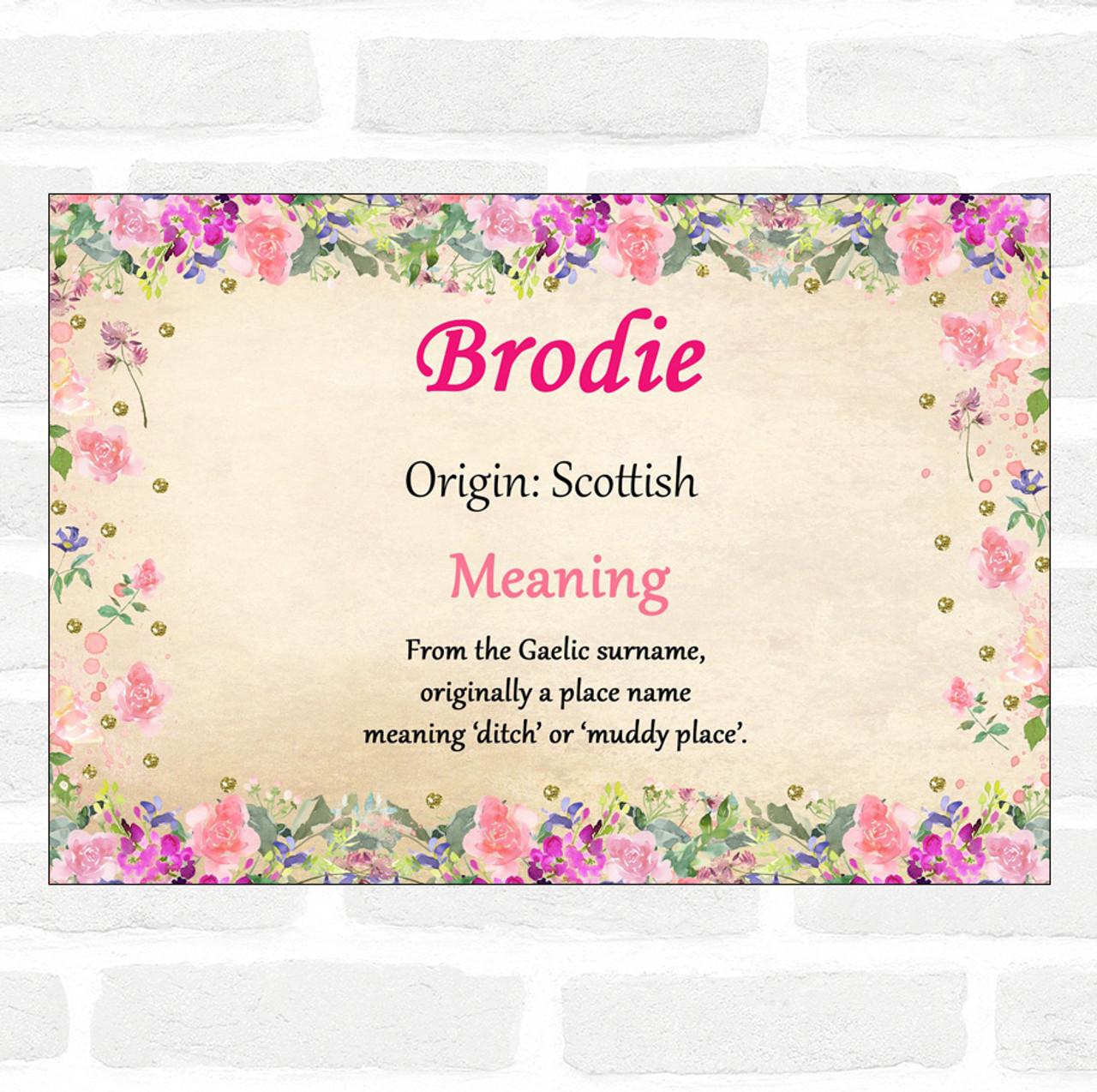 Brodie Name Meaning Floral Certificate The Card Zoo