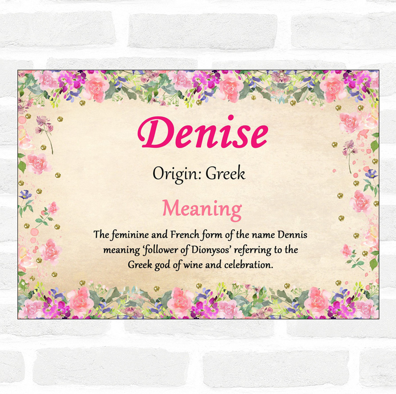 Denise Name Meaning Floral Certificate - The Card Zoo