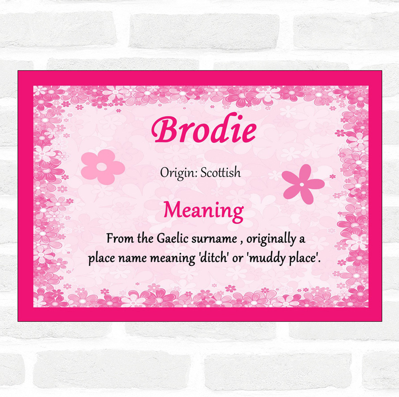 Brodie Name Meaning Pink Certificate - The Card Zoo