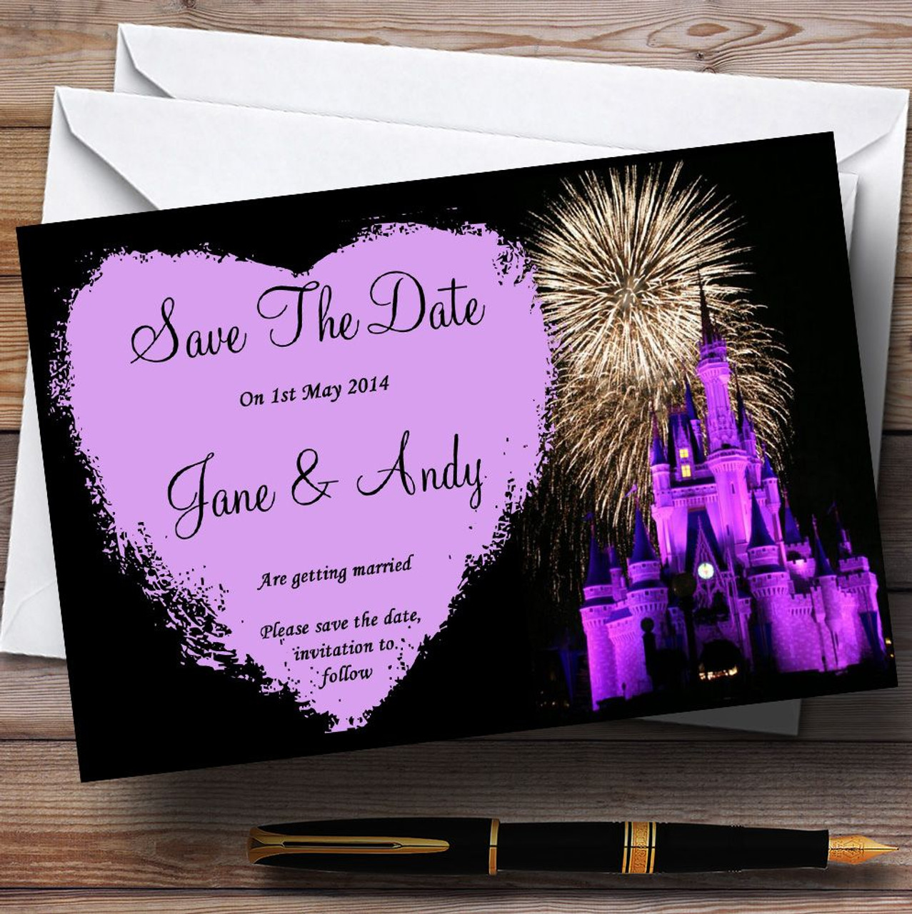 Disney Castle Fireworks Personalised Wedding Save The Date Cards