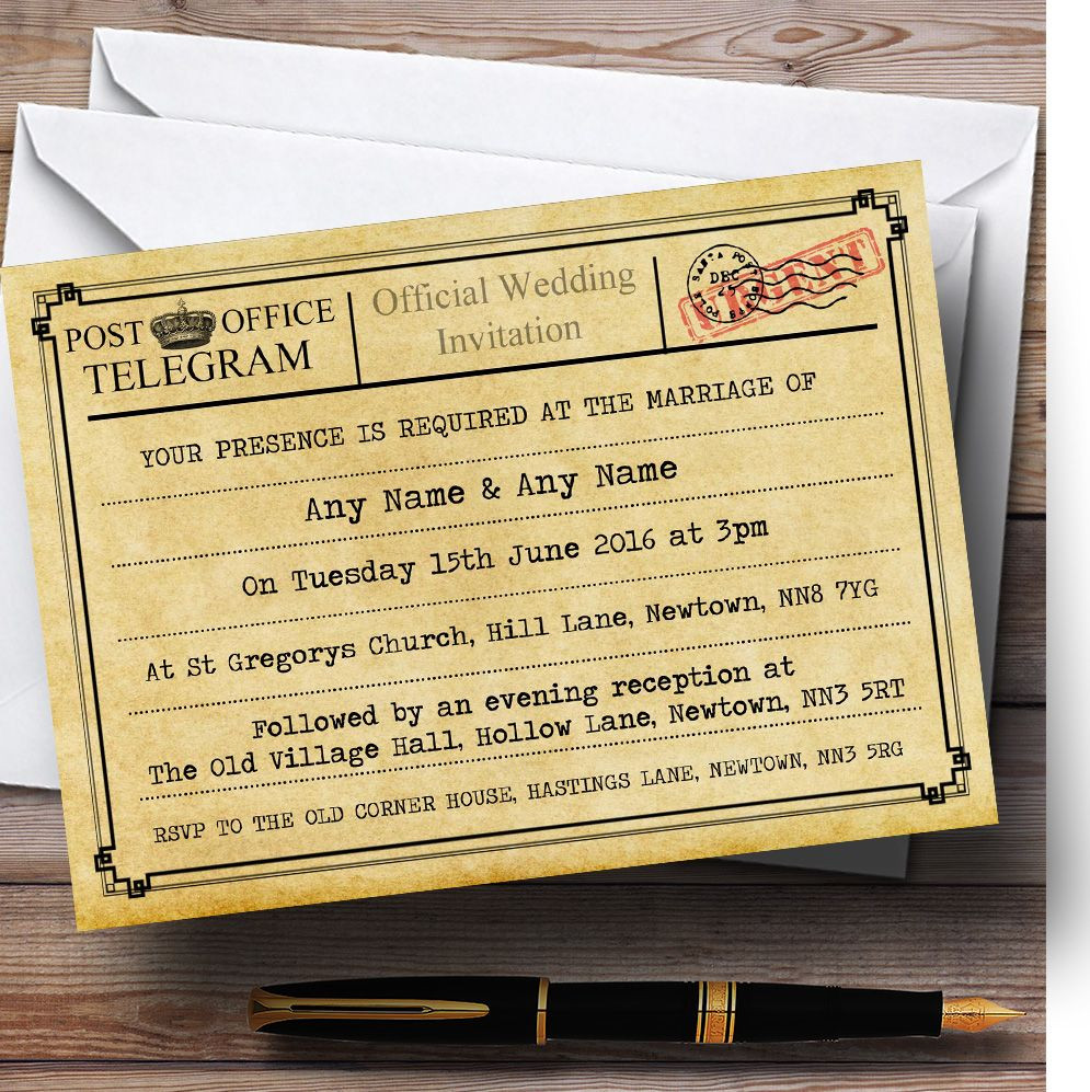 Vintage Telegram Typewritten Personalised Wedding Invitations The