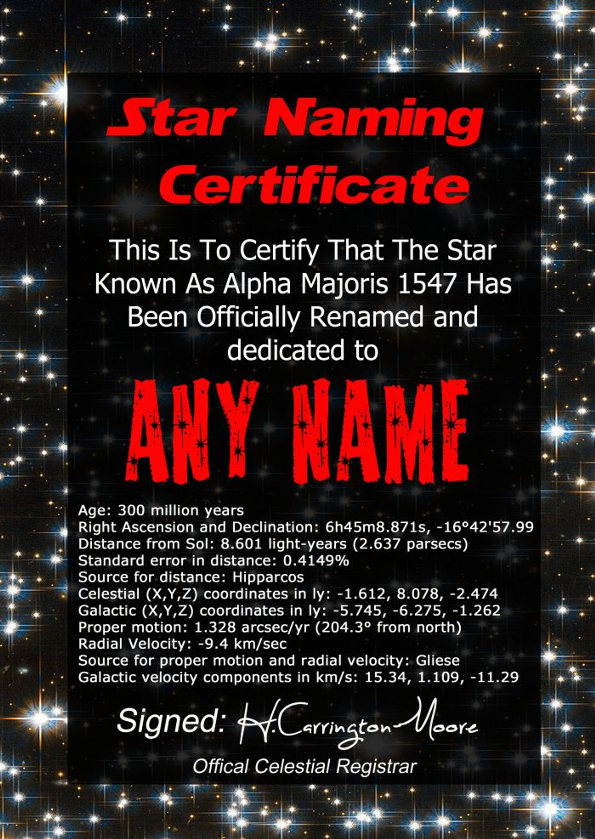 Award Star Naming Fun Personalised Name A Star Certificate The Card Zoo