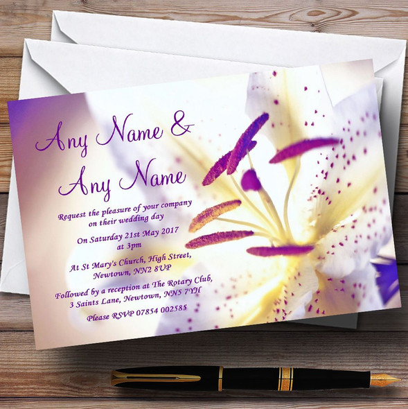 Purple Beautiful Lily Flower Personalised Wedding Invitations