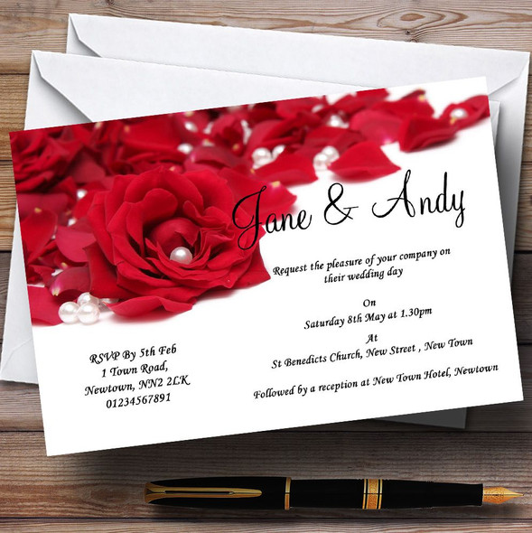 White Pearl Red Rose Petals Personalised Wedding Invitations