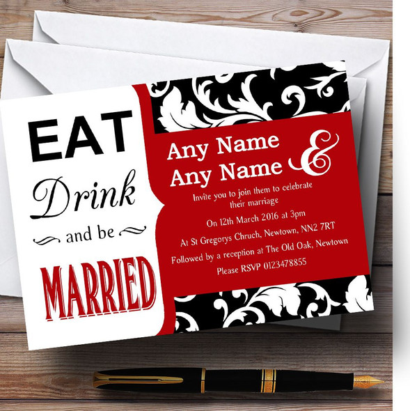 Eat Drink Damask Red Personalised Wedding Invitations