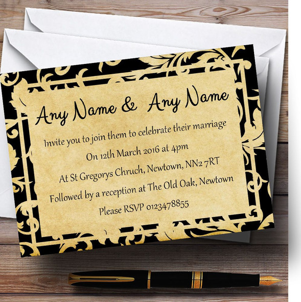 Vintage Black Damask Postcard Style Personalised Wedding Invitations