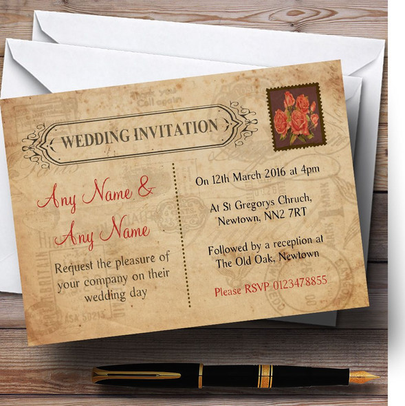 Shabby Chic Vintage Postcard Rustic Rose Stamp Personalised Wedding Invitations
