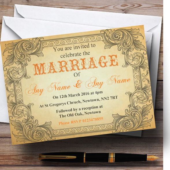 Typography Vintage Orange Postcard Personalised Wedding Invitations
