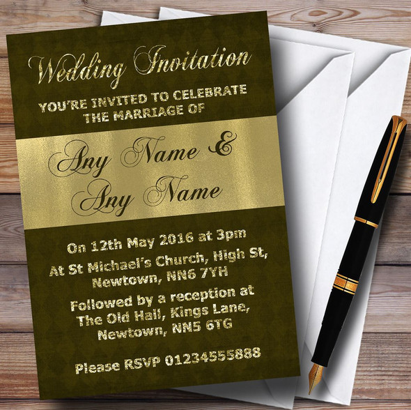 Olive Green And Glitter Look Gold Wedding Personalised Invitations