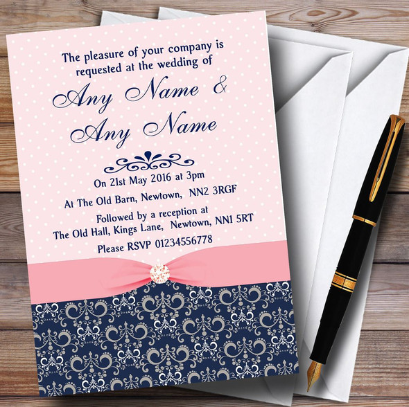 Dusky Coral Pink Vintage Diamond Bow Personalised Wedding Invitations