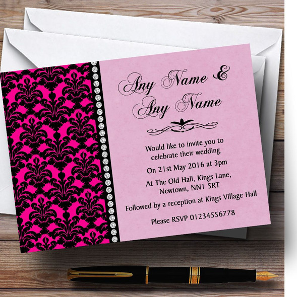 Bright Pink Black Damask & Diamond Personalised Wedding Invitations