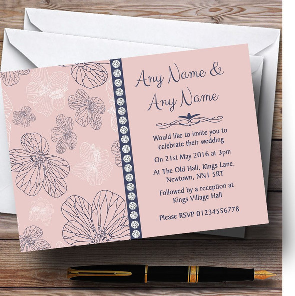 Dusty Coral Pink And Blue Floral Personalised Wedding Invitations