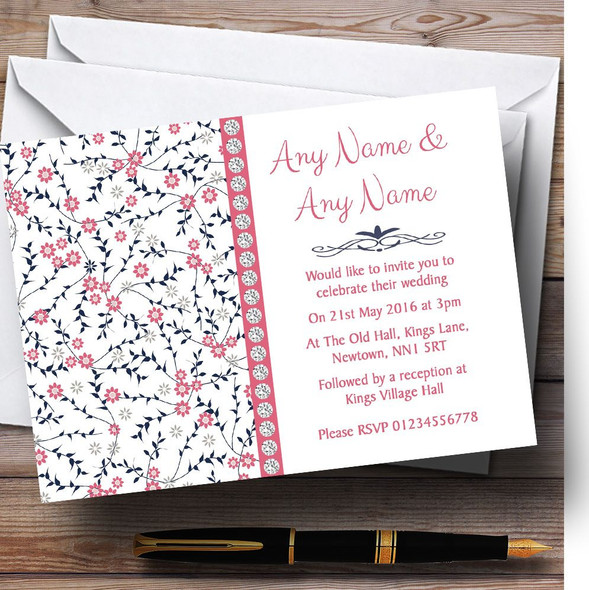 Dusty Coral Pink And Navy Blue Floral Personalised Wedding Invitations