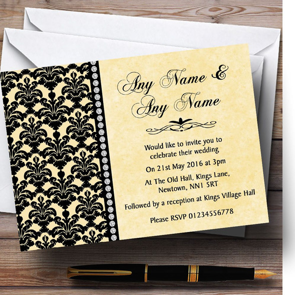 Yellow Black Damask & Diamond Personalised Wedding Invitations