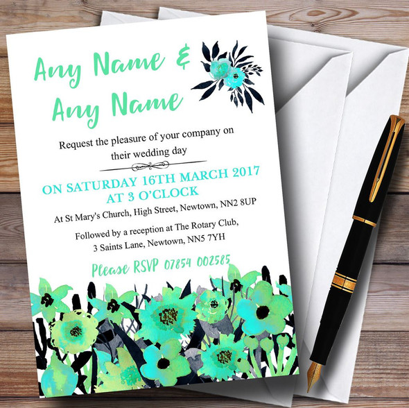Black & Aqua Mint Green Watercolour Flowers Personalised Wedding Invitations
