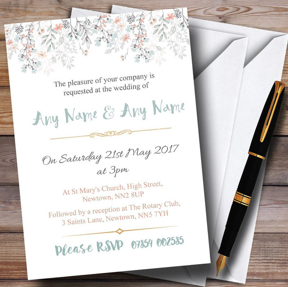 Coral & Blue Autumn Watercolour Personalised Wedding Invitations
