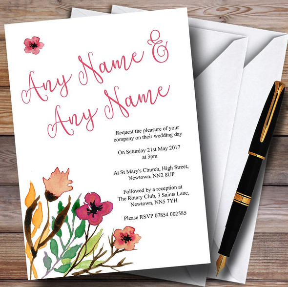 Handwriting Font Watercolour Floral Pink Personalised Wedding Invitations