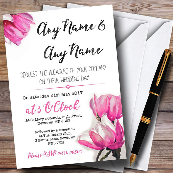 Watercolour Pink Magnolias Personalised Wedding Invitations