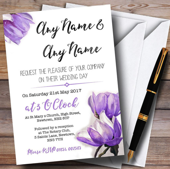 Watercolour Purple Magnolias Personalised Wedding Invitations