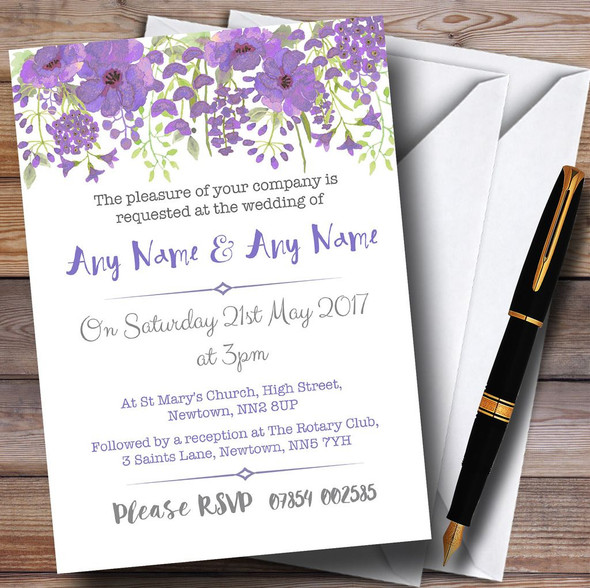Watercolour Floral Purple Personalised Wedding Invitations