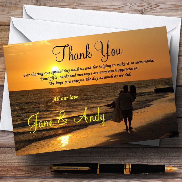 Romantic Beach Groom Carrying Bride Jetting Off Abroad Personalised Wedding Thank You Cards