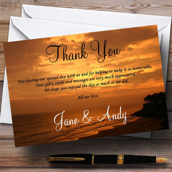 Lovely Beach At Sunset Jetting Off Abroad Personalised Wedding Thank You Cards