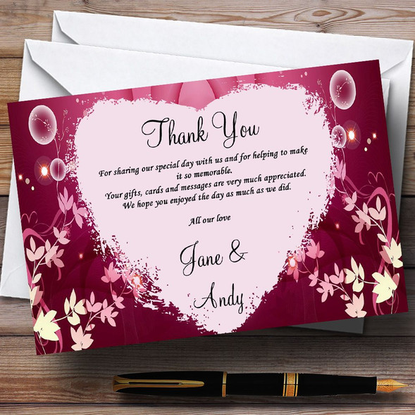Purple Pink Heart And Flowers Personalised Wedding Thank You Cards