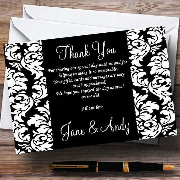 Floral Black White Damask Personalised Wedding Thank You Cards
