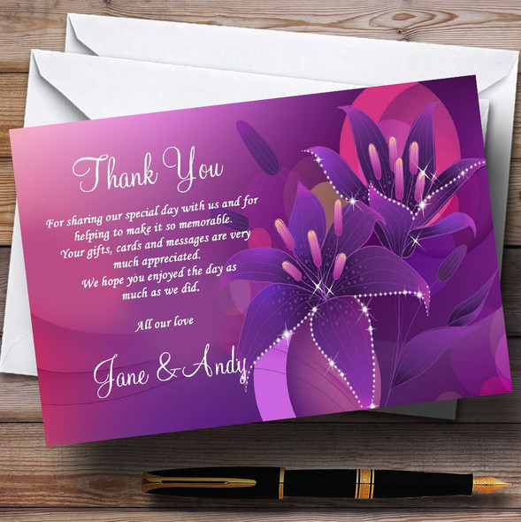 Purple Pink Lily Personalised Wedding Thank You Cards