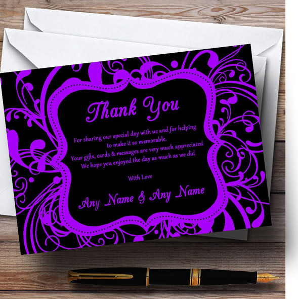 Black & Purple Swirl Deco Personalised Wedding Thank You Cards