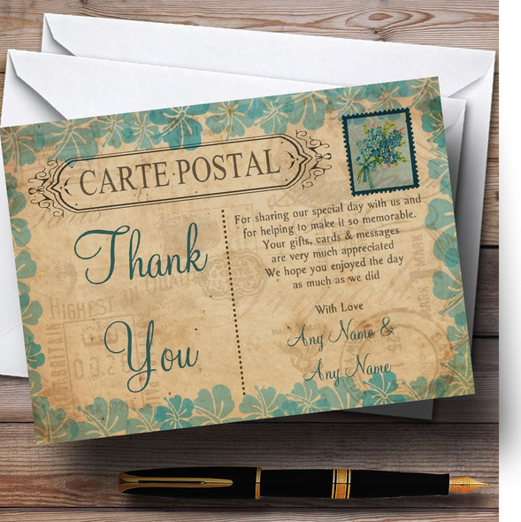 Shabby Chic Vintage Postcard Rustic Turquoise Stamp Personalised Wedding Thank You Cards