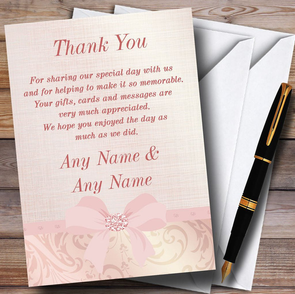 Pretty Pale Coral Pink Damask Bow Wedding Thank You Cards