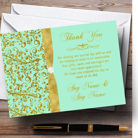 Gold And Cool Mint Green Vintage Personalised Wedding Thank You Cards