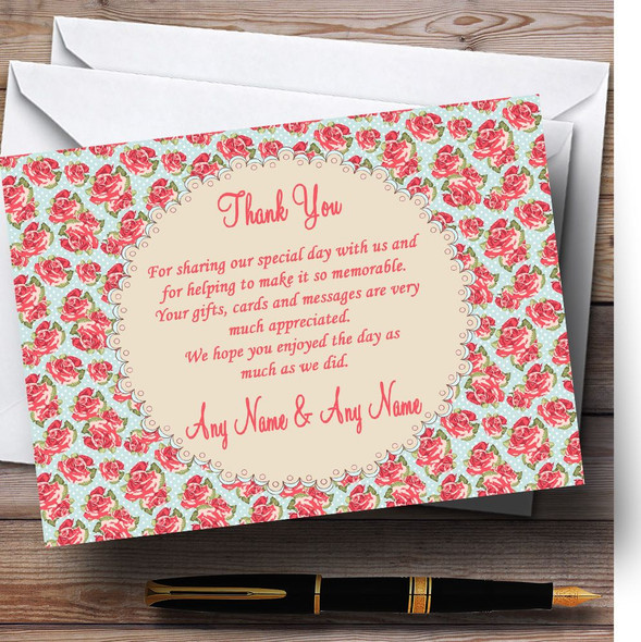 Blue And Coral Pink Floral Shabby Chic Chintz Personalised Wedding Thank You Cards