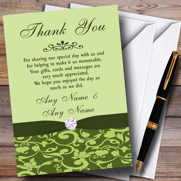 Olive Green Vintage Floral Damask Diamante Personalised Wedding Thank You Cards