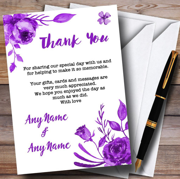 Cadbury Purple & White Watercolour Floral Personalised Wedding Thank You Cards