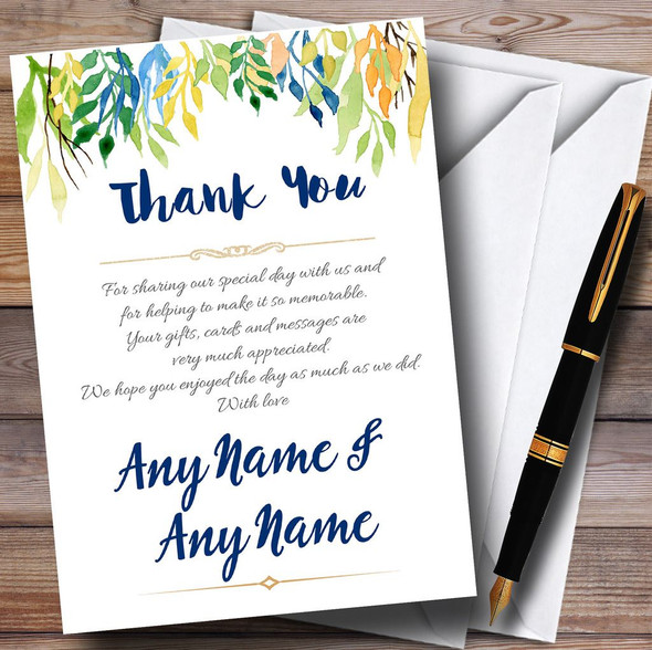 Autumn Leaves Watercolour Floral Header Personalised Wedding Thank You Cards