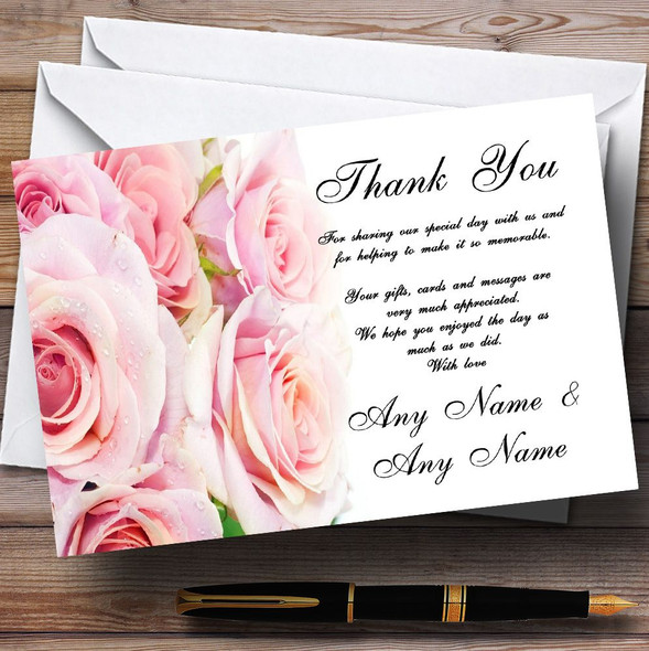 Gorgeous Pastel Pink Wet Roses Personalised Wedding Thank You Cards