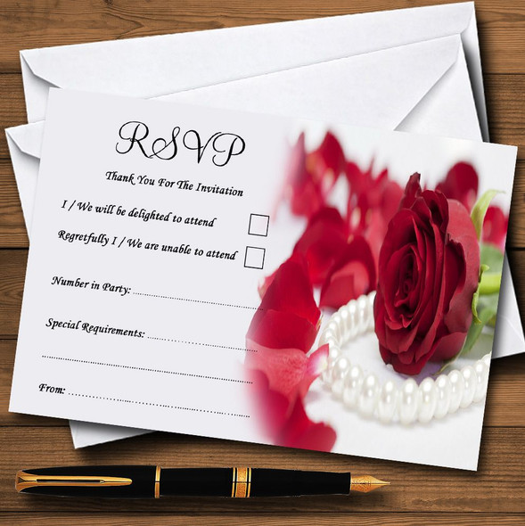 White Pearl Red Rose Personalised RSVP Cards