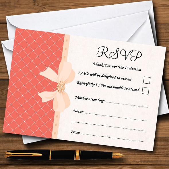 Quilted Look Coral Bow Personalised RSVP Cards