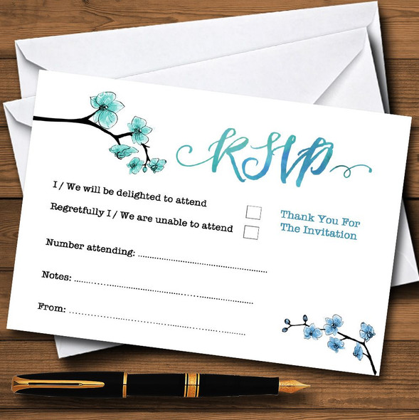 Blue & Green Cherry Blossom Watercolour Personalised RSVP Cards