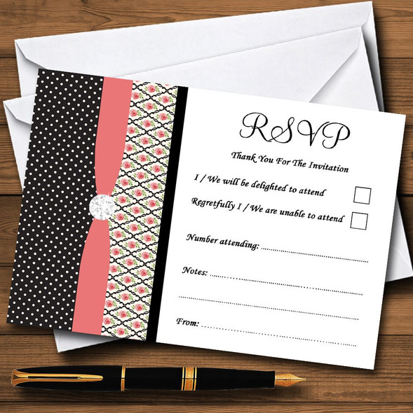 Coral Pink Rose Shabby Chic Black Polkadot Personalised RSVP Cards