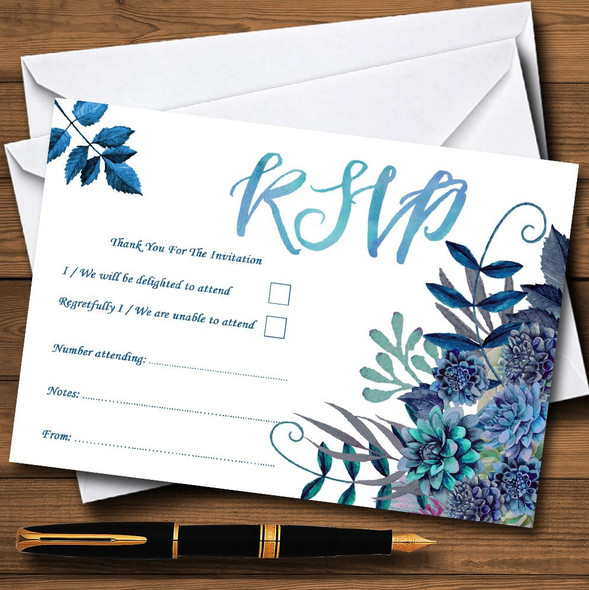 Aqua Green & Blue Watercolour Florals Personalised RSVP Cards