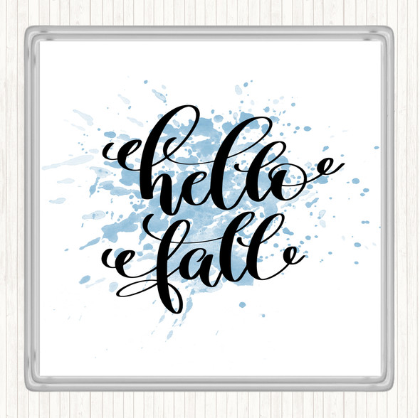 Blue White Hello Fall Inspirational Quote Drinks Mat Coaster