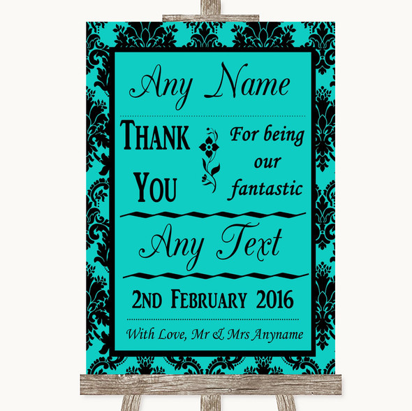 Turquoise Damask Thank You Bridesmaid Page Boy Best Man Wedding Sign