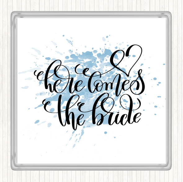 Blue White Here Comes The Bride Inspirational Quote Drinks Mat Coaster