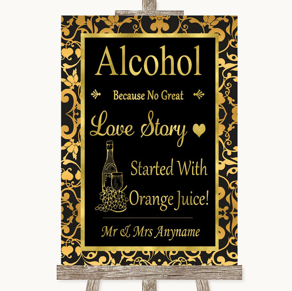 Black & Gold Damask Alcohol Bar Love Story Personalised Wedding Sign