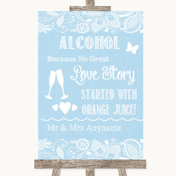 Blue Burlap & Lace Alcohol Bar Love Story Personalised Wedding Sign